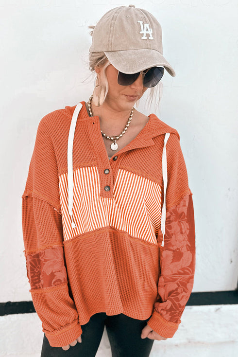 Waffle Knit Stripe Patchwork Henley Drawstring Hood Drop Shoulder Long Sleeve Top